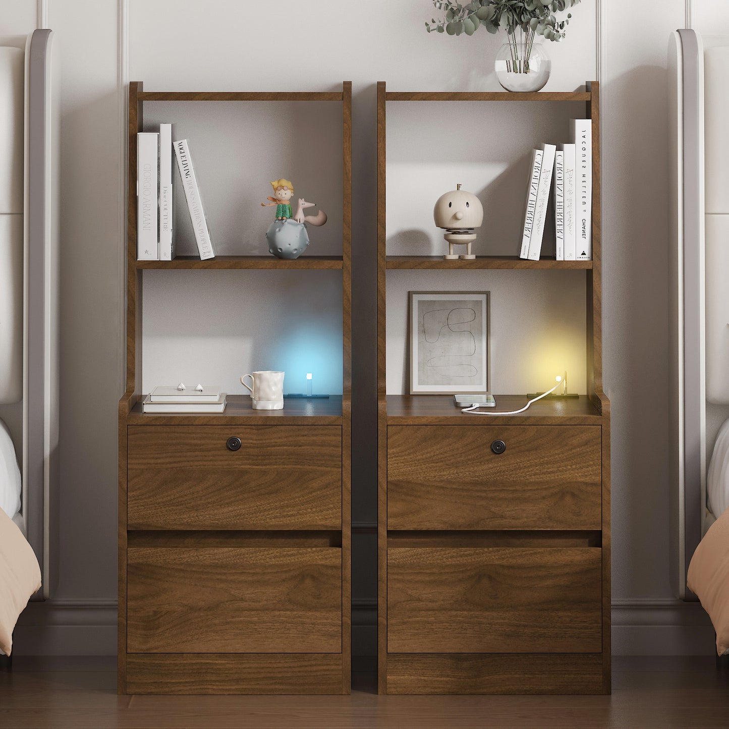 Nightstands Set of 2, with Charging Station, Smart Nightstand with Night Light, Modern Night Stand with Bookshelf, Bedside Tables with Storage Cabinet for Bedroom, Wood