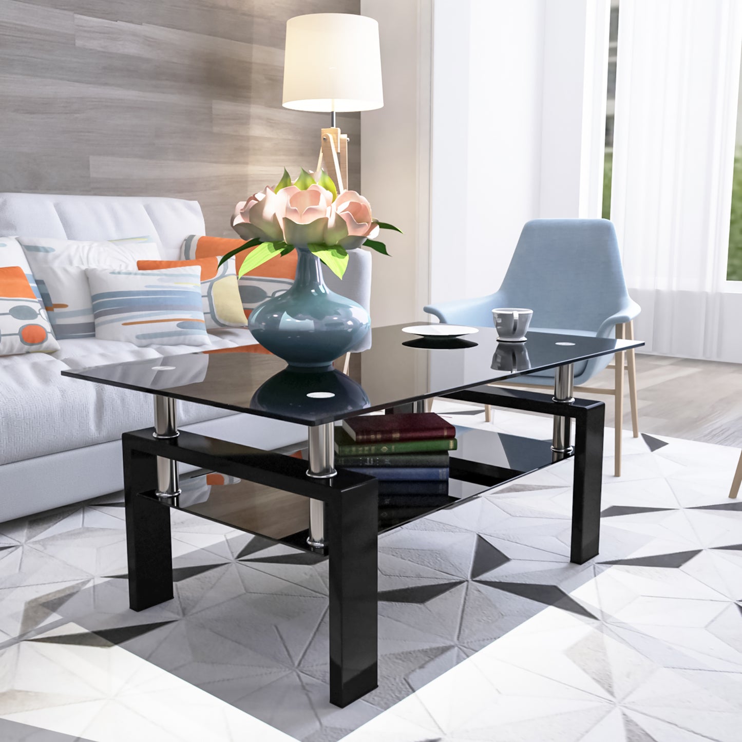 Rectangle Black Glass Coffee Table, Clear Coffee Table,Modern Side Center Tables for Living Room,Living Room Furniture (Old Sku:W24138125)
