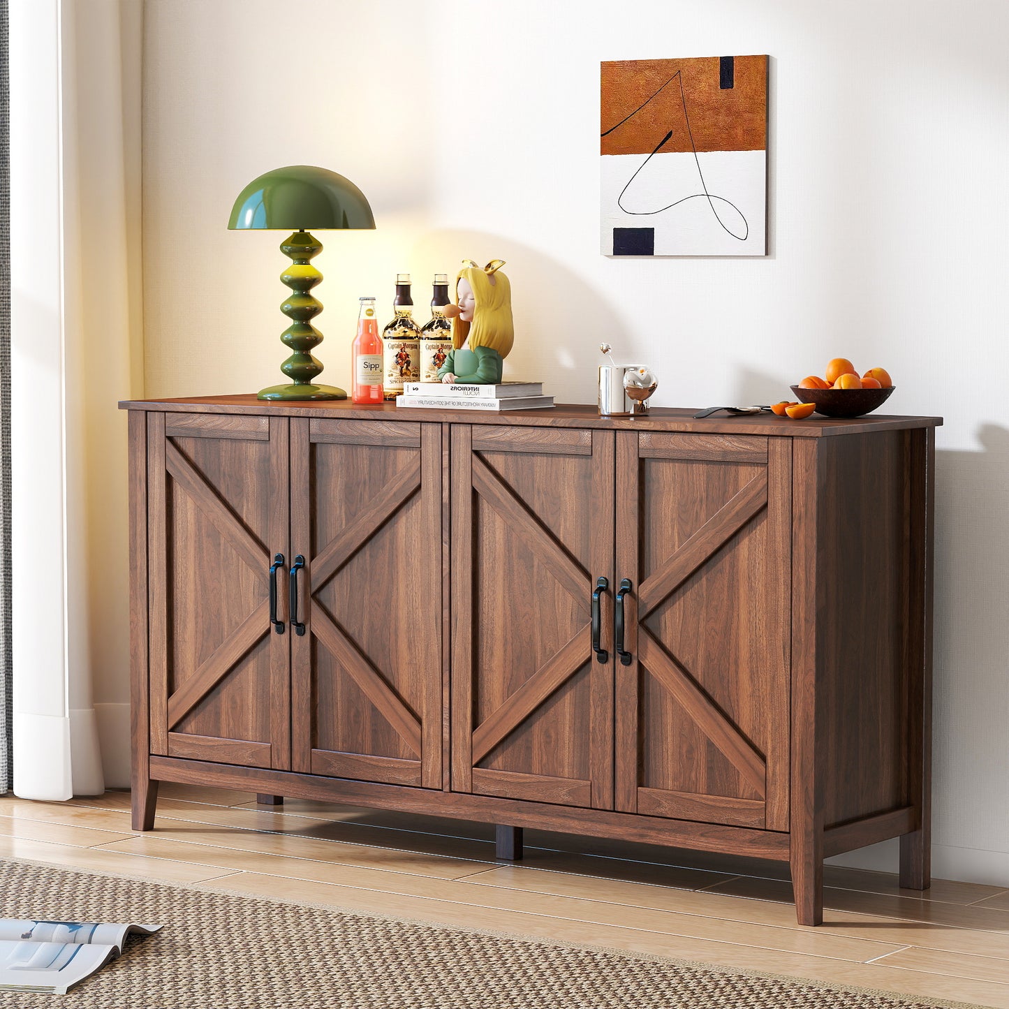 Cabinet with 4 Doors and 4 open shelgves,Freestanding Sideboard Storage Cabinet Entryway Floor Cabinet for Living Room Office Bedroom