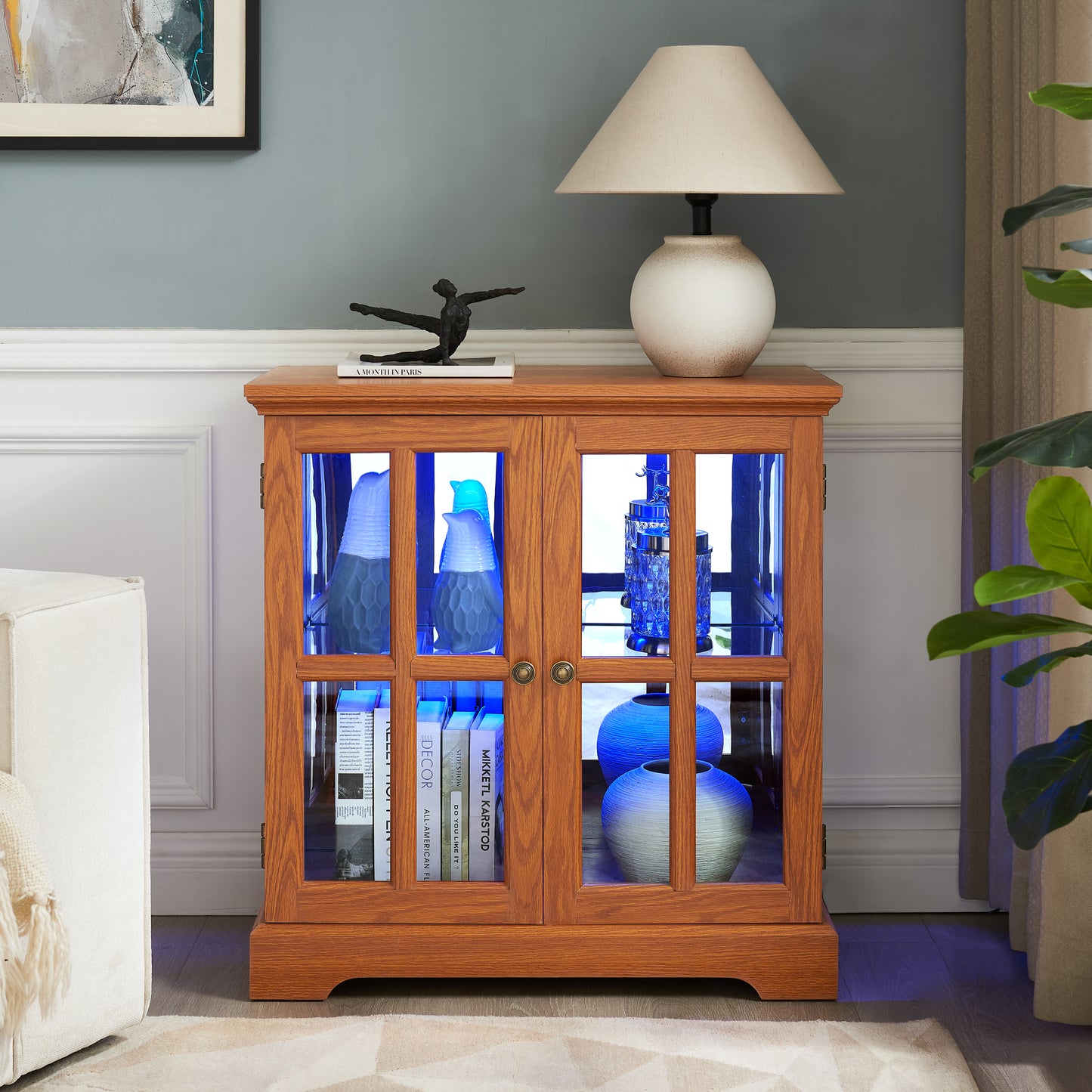 LED Curio Display Cabinet,Antique Display Cabinet with Adjustable Shelves,Retro Design Quality Showcase with Lattice Doors Elegant Bookcase and Storage Cabinet for Home Decor and Organization DARK OAK