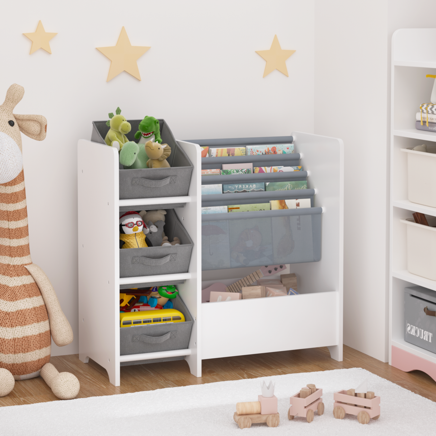 Kids Bookshelf and Toy Storage Organizer, Multifunctional 4 Tier Kids Book Shelf with 3 Collapsible Fabric Drawers, Children's Book Display in Room Playroom Nursery for Kids, Children, Toddlers