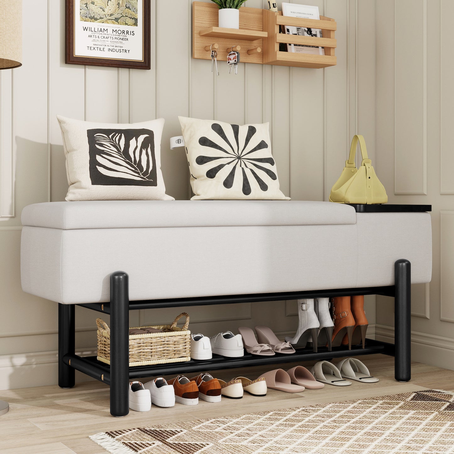 TREXM Farmhouse Upholstered Storage Bench with Hidden Compartment, Modern Entryway Bench for Living Room, Entryway, and Hallways (Black)