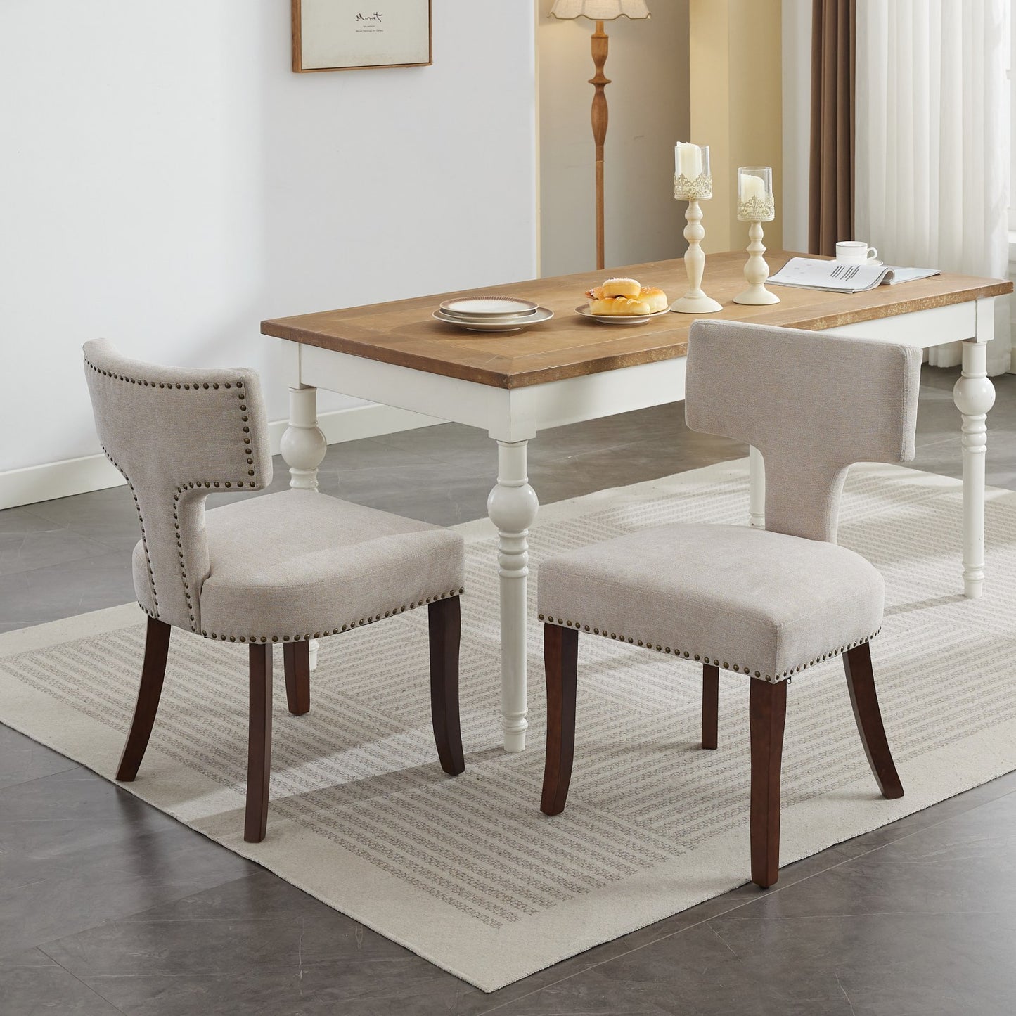 Mid Century Modern Dining Chairs Set of 2, Farmhouse Linen Fabric Upholstered Accent Chair Curved Backrest with Copper Nails around,Kitchen Chairs with Hardwood Frame, Beige