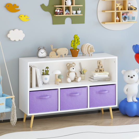 Kids bookcase with Collapsible Fabric Drawers, Children's Book Display, Toy Storage Cabinet Organizer, White/Purple