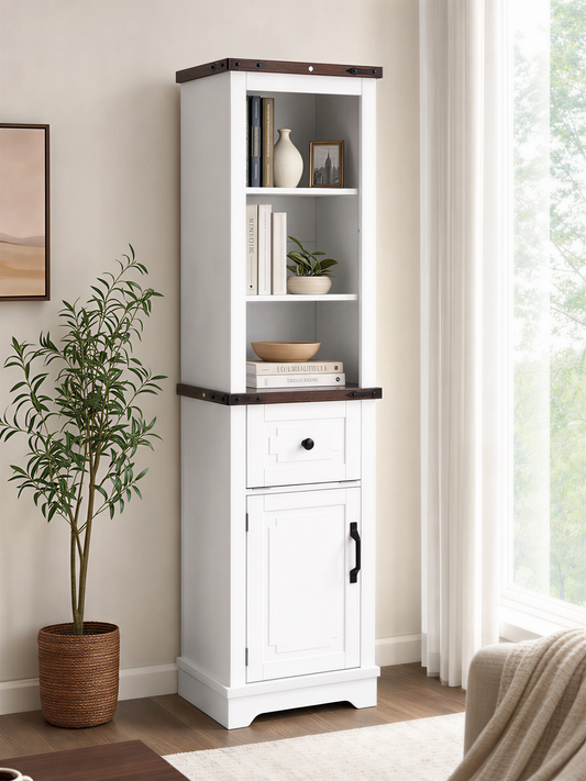 Narrow cabinet,Bathroom Storage Cabinet, Farmhouse Storage Cabinet with Adjustable Shelves & Storage Drawer, Tall Linen Tower for Bathroom, Living Room, White with black walnut color (top)
