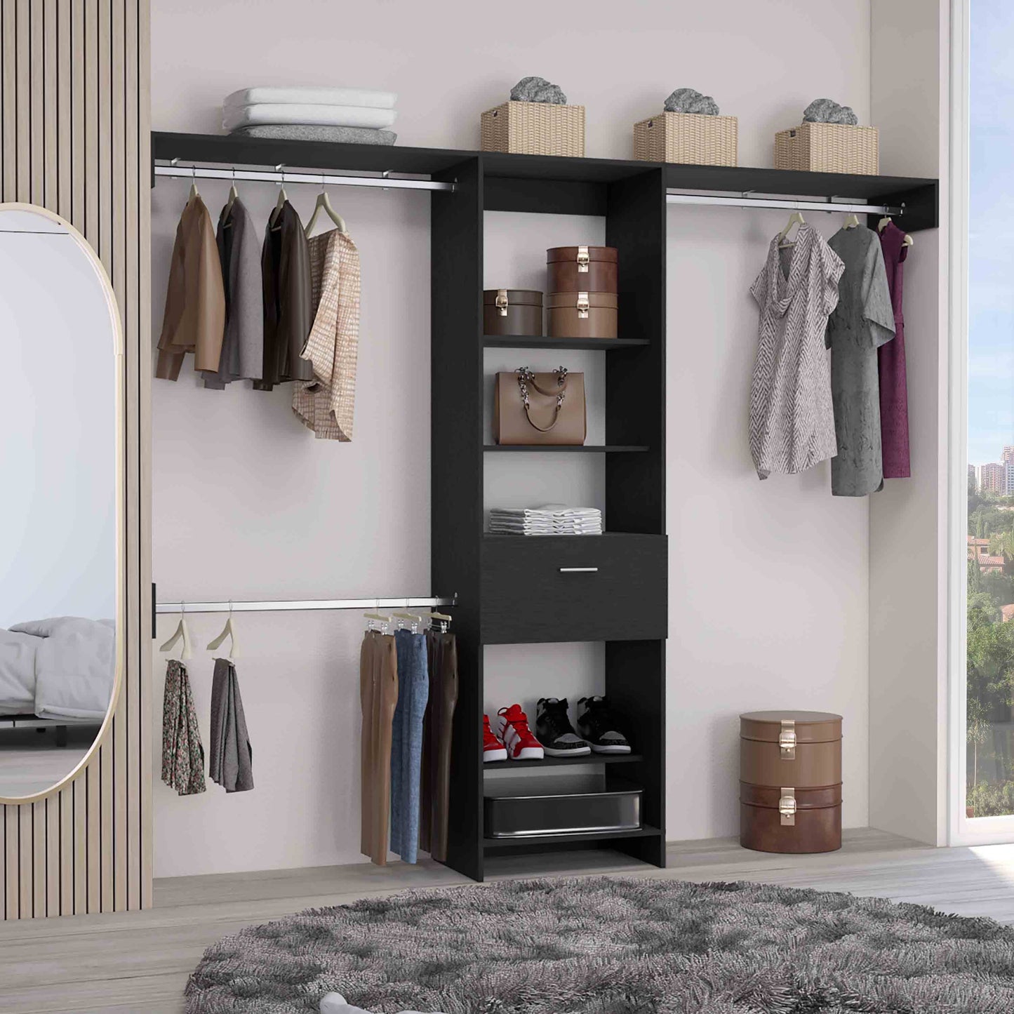 Closet System, One Drawer, Three Metal Rods, Five Open Shelves, Black