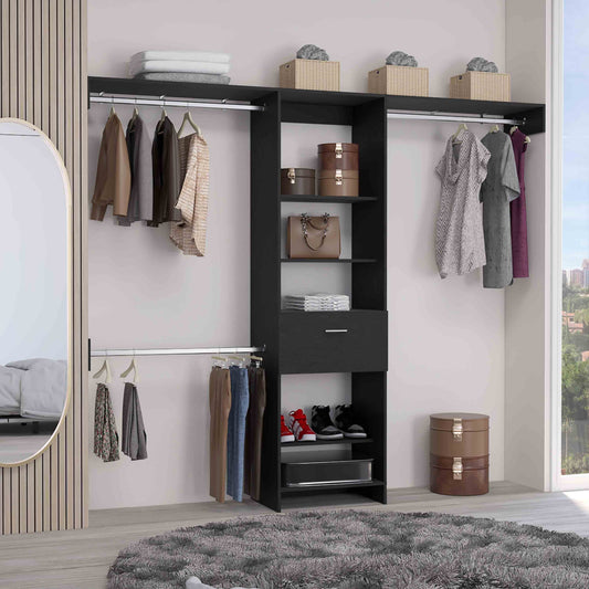 Closet System, One Drawer, Three Metal Rods, Five Open Shelves, Black