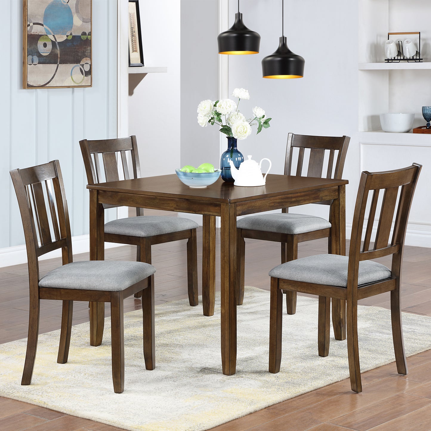 Elegant 5-piece Wooden Dining Table Set with 4 Chairs, Dining Table Set for 4 People, Modern 4 Person Dining Table Set for Living Room, Kitchen and Dining Room, Walnut