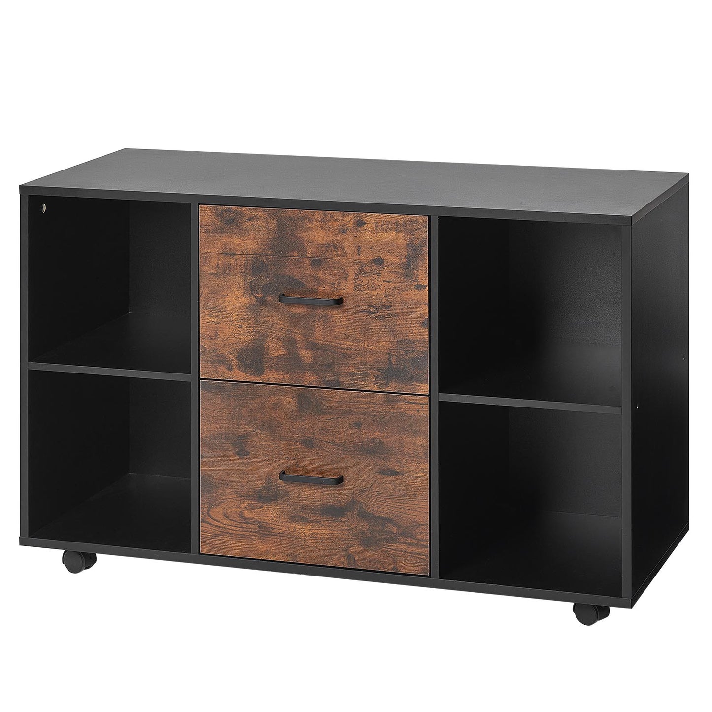 2 Drawer Wooden File Cabinet, Mobile Filing Cabinet with Open Shelves, Lateral Rolling File Storage with Lockable Wheels, Modern Free Standing Printer Stand for Home, Office, School, Black