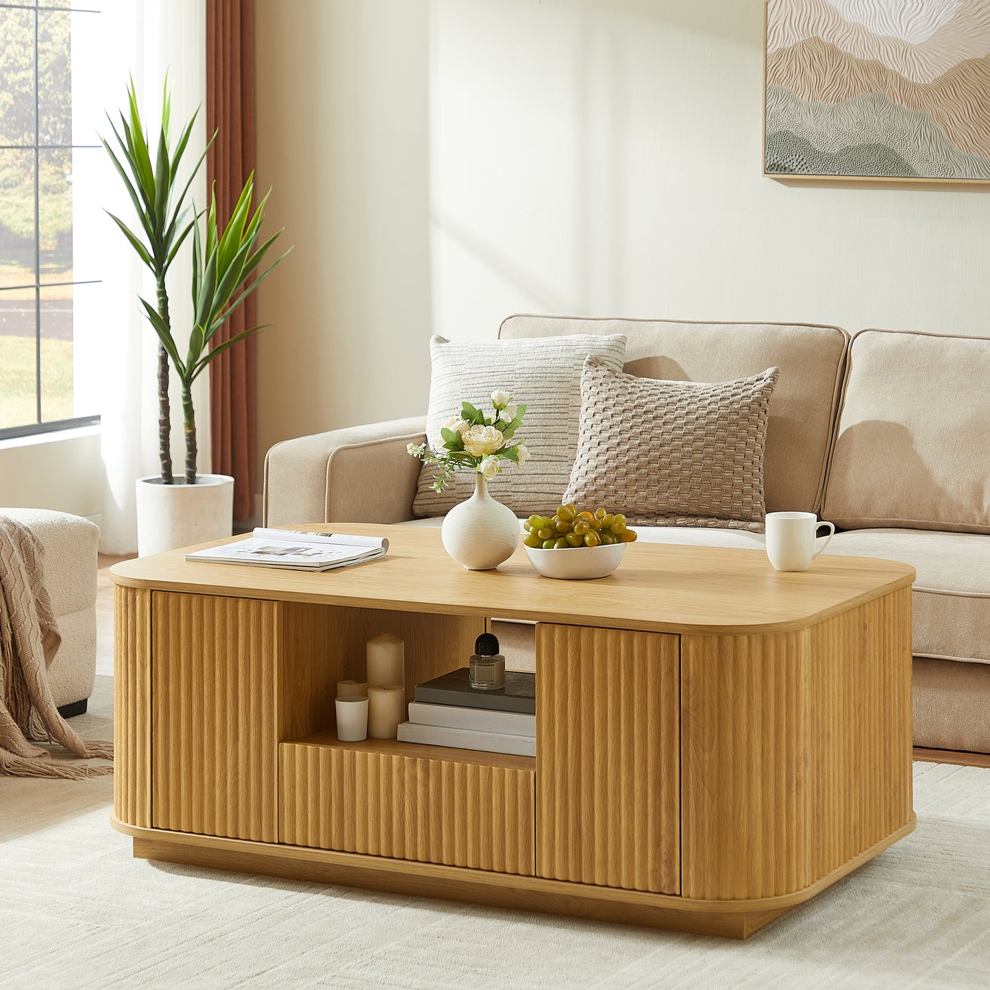 46.5'modern luxury oval coffee table with drawers and storage compartments, curved contour design, living room center coffee table, suitable for living rooms and offices, Natural, 46.5'L*27.2'W*17.7'H