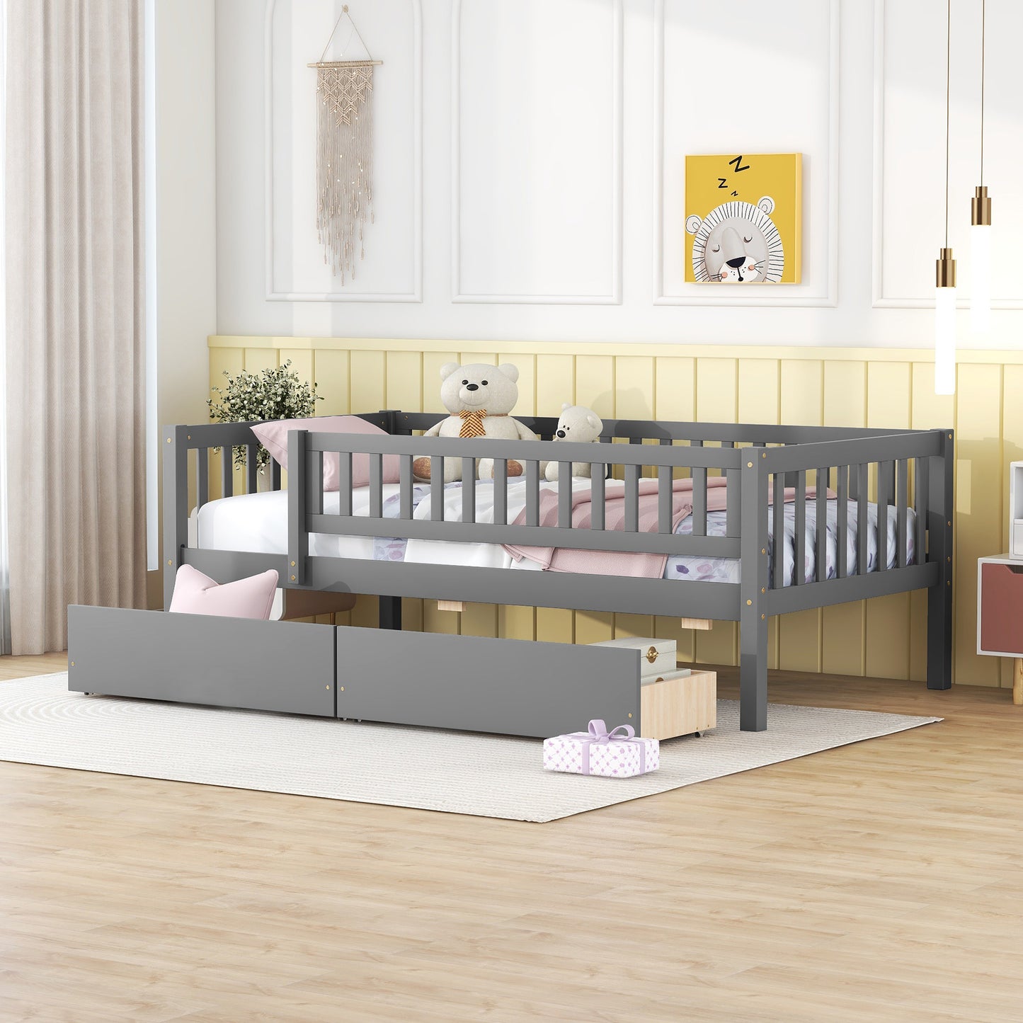 Twin Size Daybed Wood Bed with Two Drawers, Gray
