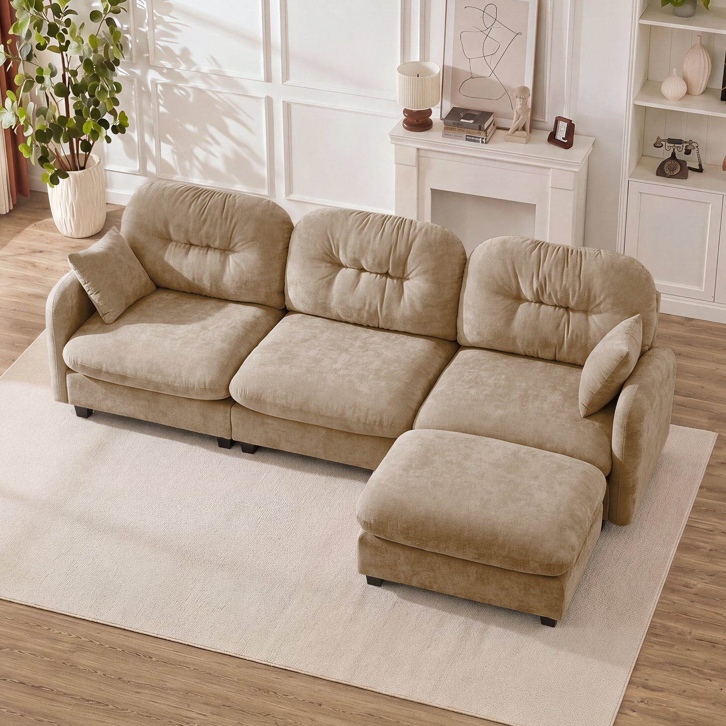 Modular Sectional L Shaped Couch With Ottoman, Premium Chenille Fabric,Quilted Pleated Design,Ergonomic Design  Easy Install,Fits Bedrooms,Living Rooms Reading Nooks,Camel