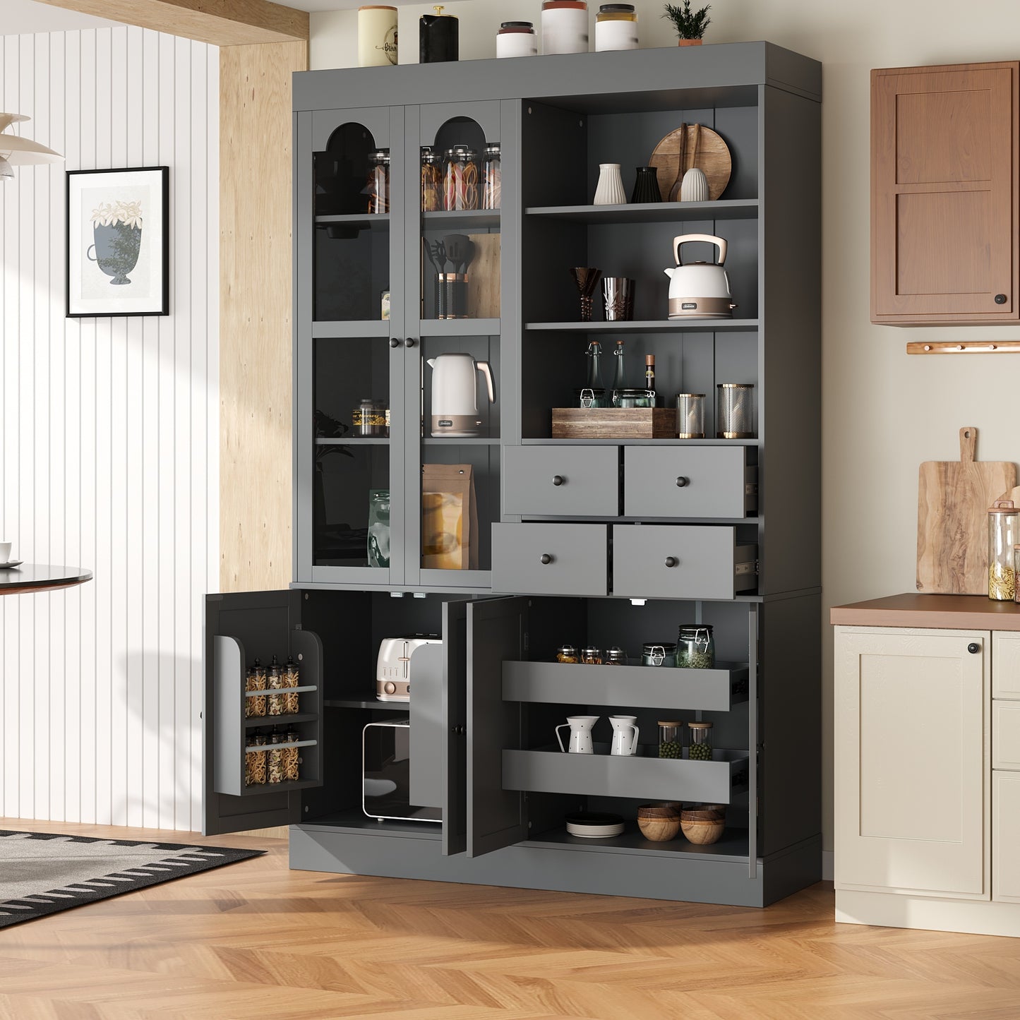[Assembly Video Provided] TOPMAX 47.2x15.7x75inch Freestanding Buffet with Hutch, Tall Kitchen Pantry Cabinet with 4 Drawers, Door Shelves and Pull-out Trays for Dining room, Living Room, Gray