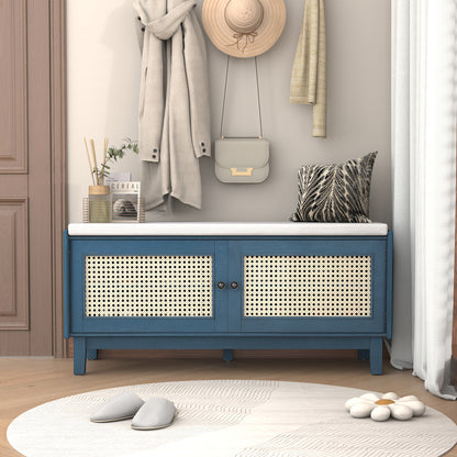 TREXM Boho Rattan Entryway Bench with Storage, Cushioned Shoe Bench with Double Doors, Wooden Shoe Organizer Bench for Entryway and Hallway (Antique Navy+Beige )