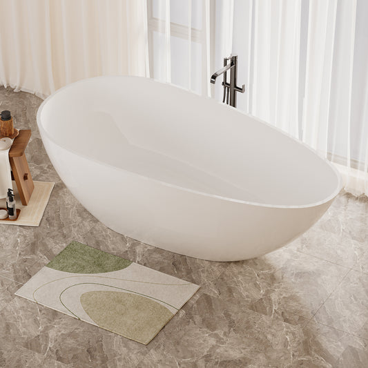 59' Freestanding Solid Surface Bathtub, Luxury Handcrafted Stone Resin Freestanding Soaking Bathtub with Overflow and Pop-up Drain, Glossy White 24S02-59GW