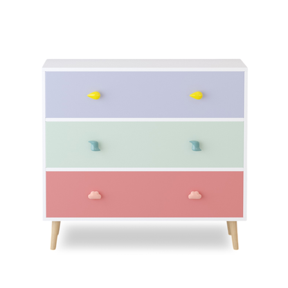 Kids 3 Drawer Dresser, Colorful Storage Cabinet with Anti-Tip Safety for Toddler Room, Nursery, Living Room, Apartment - Solid Wood & MDF Construction