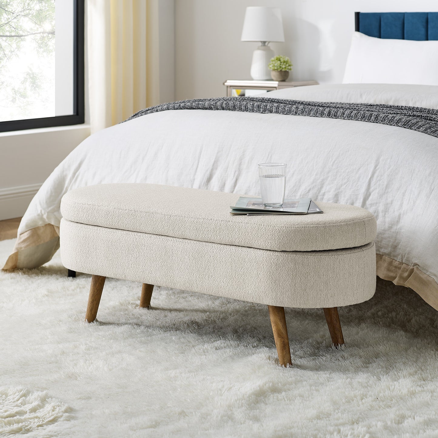Ottoman Oval Storage Bench,Rubber Wood Legs, Beige(43.5'x16'x16')