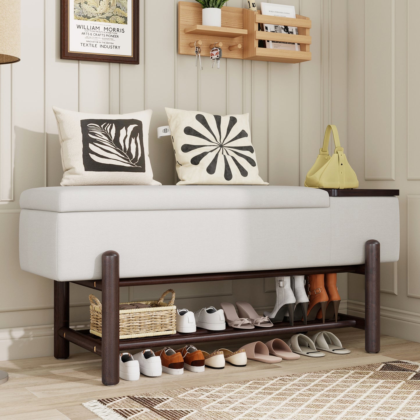 TREXM Farmhouse Upholstered Storage Bench with Hidden Compartment, Modern Entryway Bench for Living Room, Entryway, and Hallways (Espresso)