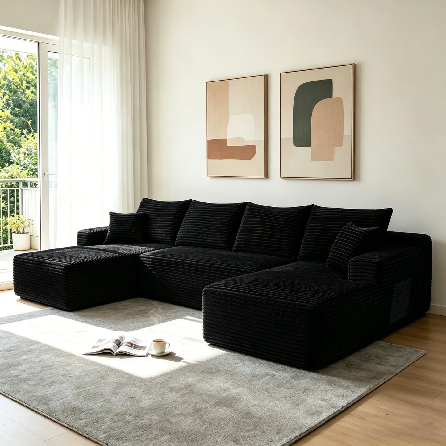 126' Cloud Sectional Sofa with U-Shape Chaise and Side Pockets and Cup holder , Modern Modular Design, Deep Seating, Upholstered Couch for Living Room/Bedroom, No Assembly Required (Plush)Black