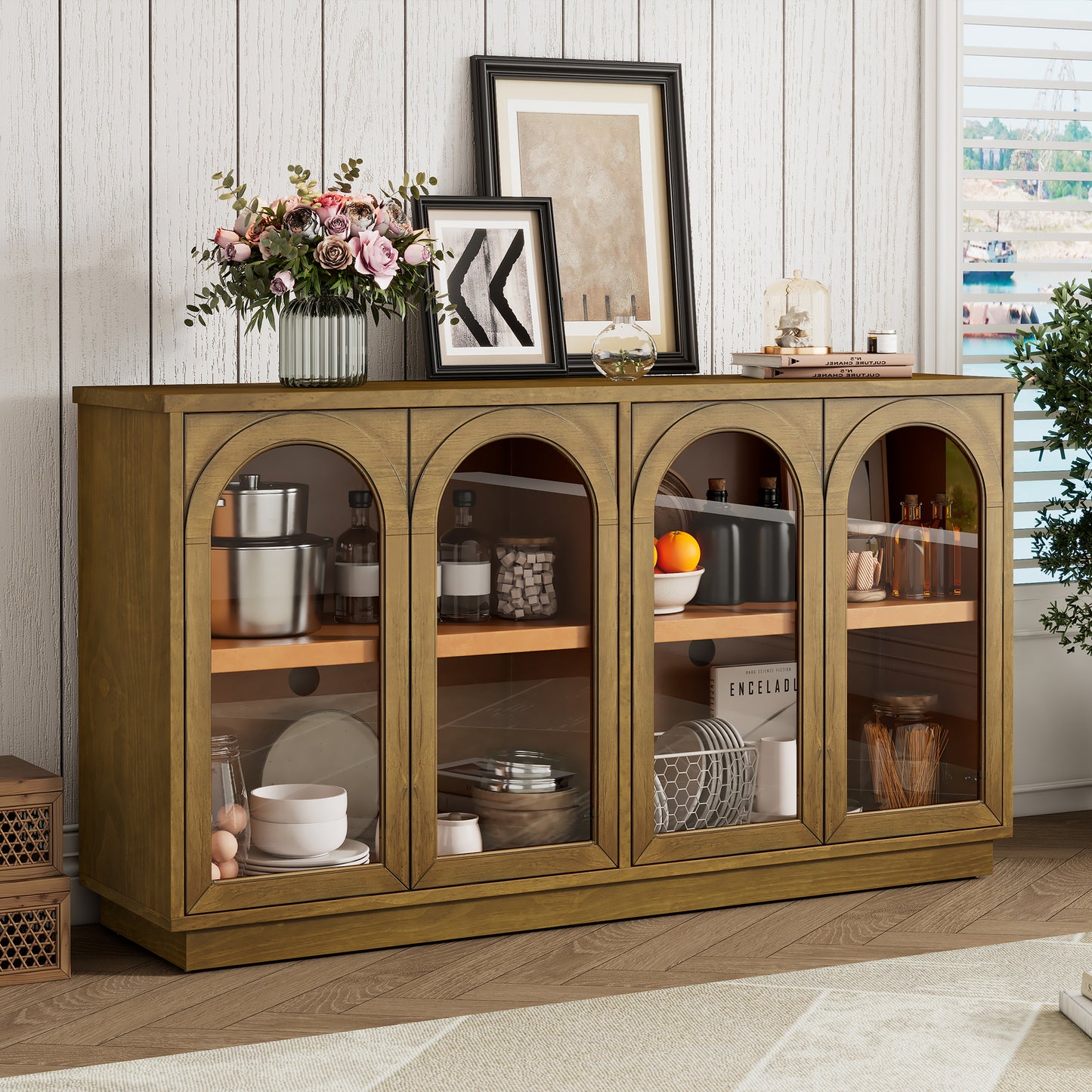 TREXM 4-Door Large Storage Buffet Cabinet with Glass Doors, Arched Cabinet with Adjustable Shelves for Kitchen, Dining Room and Living Room (Old Pine)