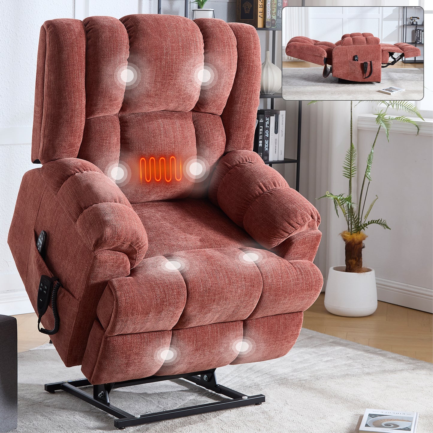 Dual Motor Heat Massage Infinite Position Up to 350 LBS Electric Power Lift Recliners with Power-Remote, Medium-firm and Heavy Duty, Red