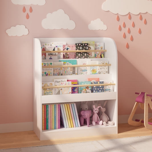 Kids Bookshelf with Open Storage, Front-Facing Children's Bookcase, Multi-Tier Wooden Book Display Shelf for Toddlers, Playroom, Bedroom, or Nursery - White
