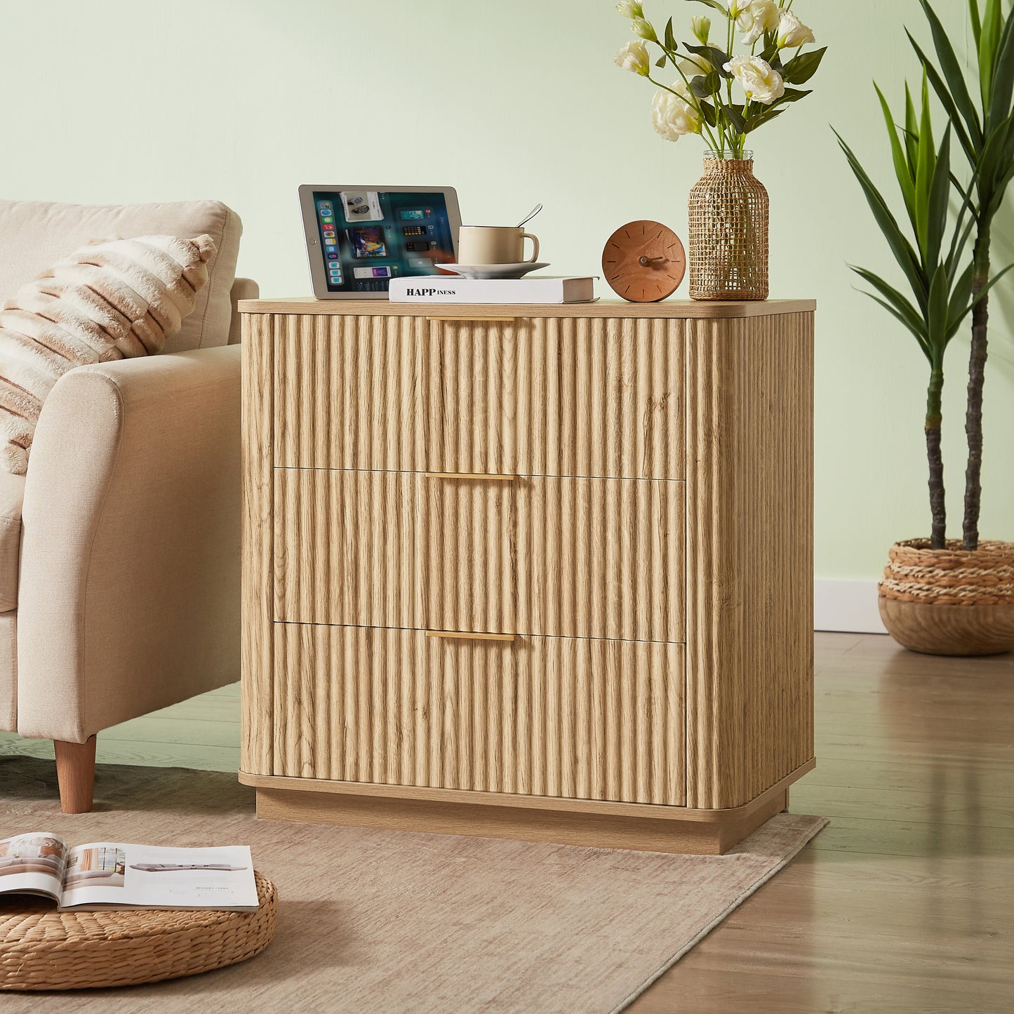 3 Drawers Drasser, 27.6'' Wide Modern Chest of Drawers Curved wave Design,Nightstand,Wood Drawer Organizer for Bedroom, Living Room, Hallway, Oak,27.6''W x 15.8''D x 27.4''H.