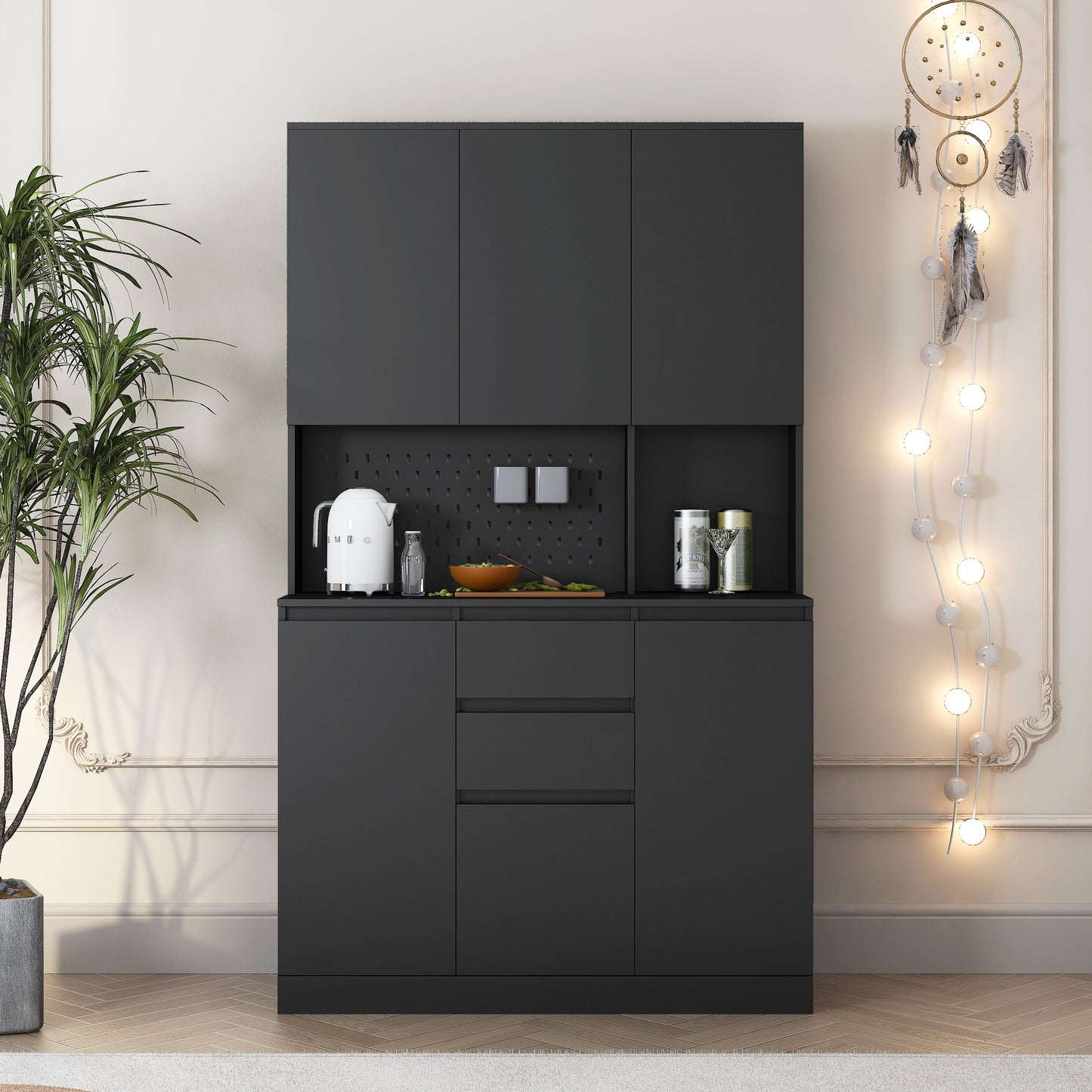 74' Freestanding Kitchen Pantry Cabinet Cupboard with 6 Doors,3 Shelves and 2 Drawer,Versatile Wardrobe & Kitchen Cabinet,Craft Storage Cabinet,Laundry Room Storage for  Kitchen (Black)