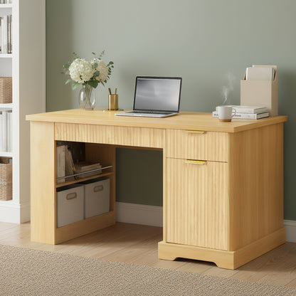 55' Modern Fluted Office Desk with Storage Cabinet & Drawers, Computer Writing Desk with Power Outlet, Pegboard, Built-in Shelves and Keyboard Tray for Study, Living Room, Home Office, Light Oak