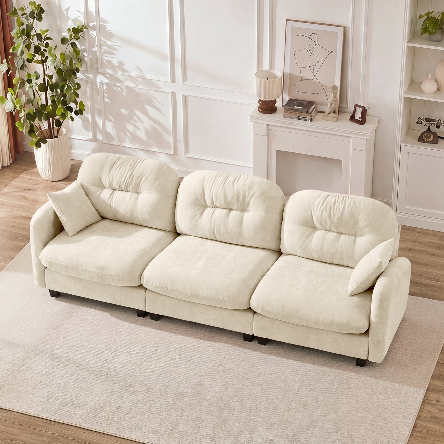 Three-Seate Modular Sectional Couch,Soft Chenille Fabric High-Density Foam,Quilted Pleated Design Ergonomic Design,Elegant Armrests,High Quality Wooden Base,Fits Bedrooms Living Rooms,Beige