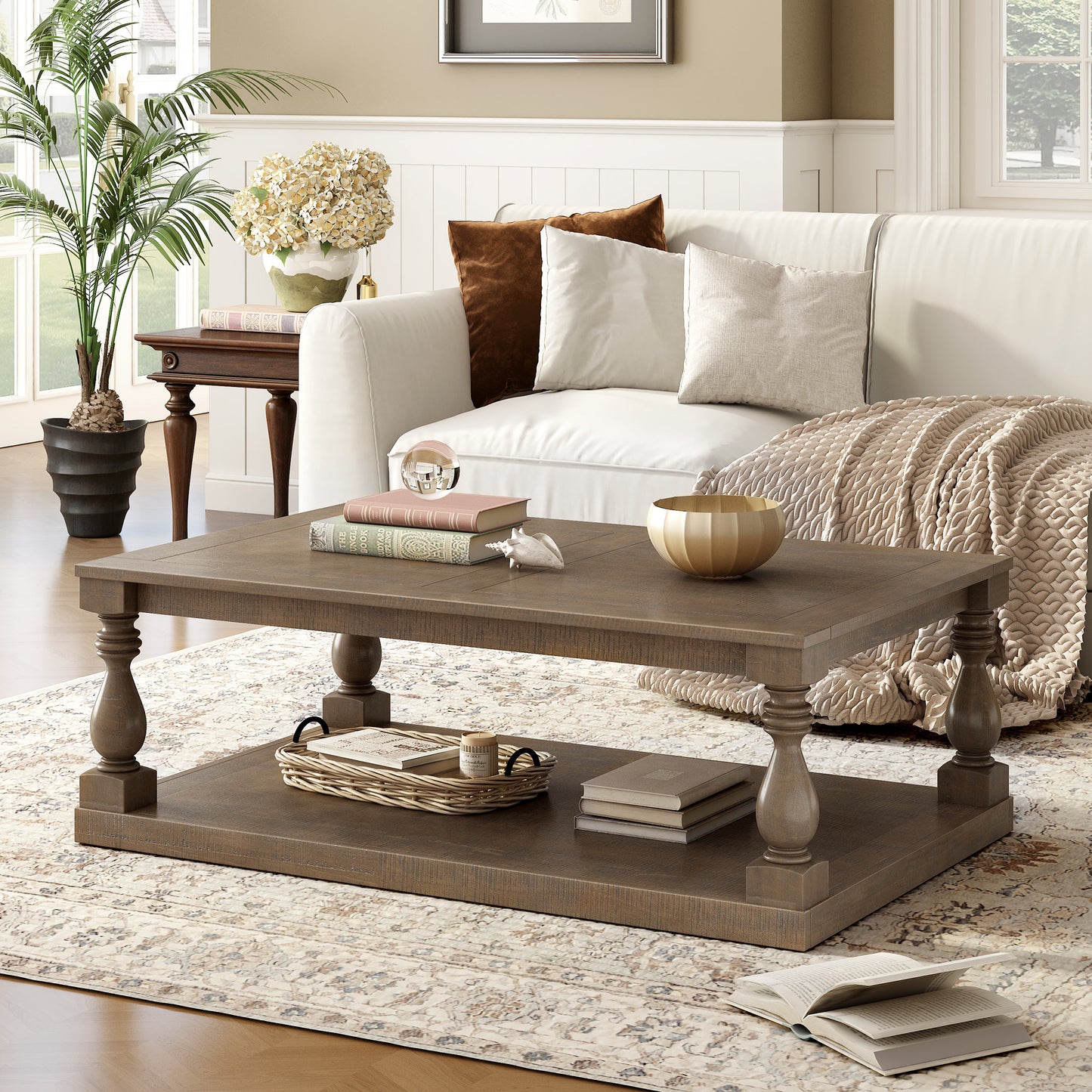 U_STYLE Vintage Coffee Table Featuring Artistic Vase Column Legs and Luxurious Pine Veneer for Timeless Charm,Suitable for living room, study room