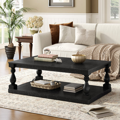 U_STYLE Vintage Coffee Table Featuring Artistic Vase Column Legs and Luxurious Pine Veneer for Timeless Charm,Suitable for living room, study room