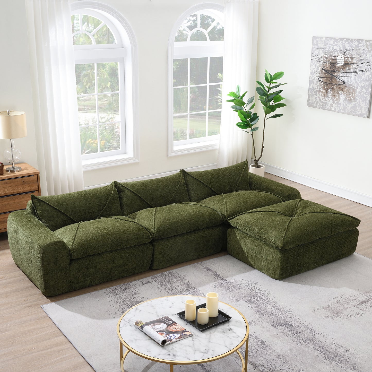 [VIDEO]116'' Fully Compressed Sofa with High Density Foam, Integrated Backrest&Seat Cushion, Decorative Edging, Legless Design without Frame, No Assembly Required, Free Combination, Particle Chenille