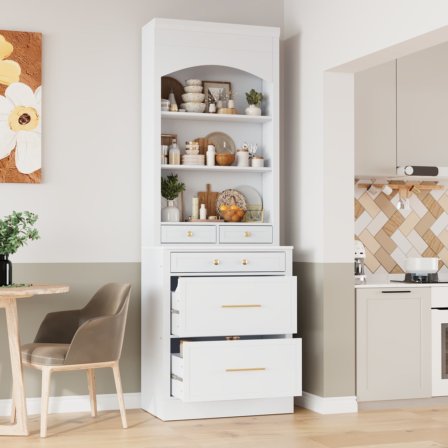 [Assembly Video Provided] TOPMAX Modern 83.7inch High Kitchen Pantry, Freestanding Tall Kitchen Hutch with Faux Marble Top, Display Cupboard Cabinet with 5 Storage Drawers and Adjustable Shelf, White