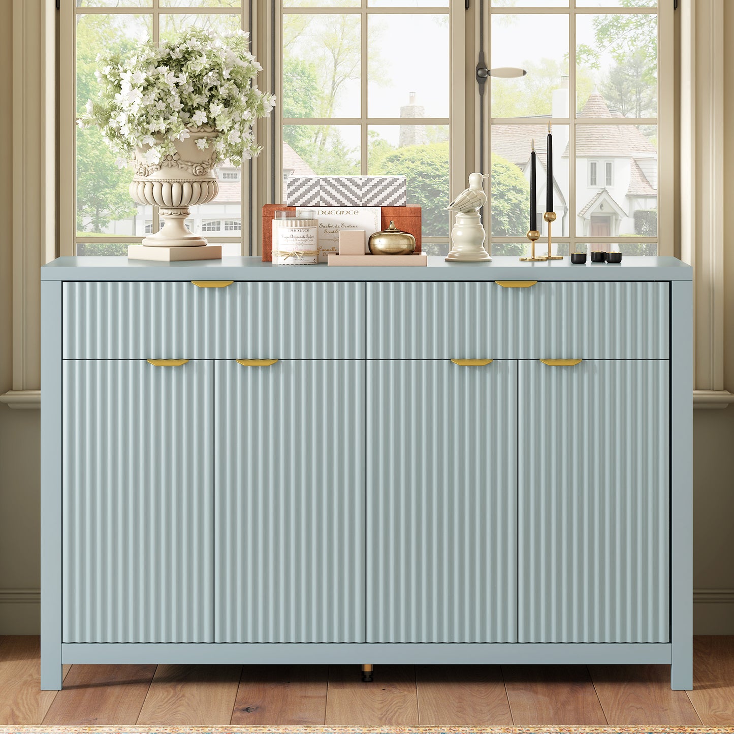 U_STYLE Modern 55.1'' Sideboard Buffet Cabinet with 2 Drawers & 4 Doors, Adjustable Shelves, Wave-Pattern Design, Aluminum Handles, Painted MDF, Scandinavian Storage for Dining Room, Living Room
