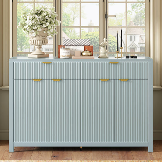 U_STYLE Modern 55.1'' Sideboard Buffet Cabinet with 2 Drawers & 4 Doors, Adjustable Shelves, Wave-Pattern Design, Aluminum Handles, Painted MDF, Scandinavian Storage for Dining Room, Living Room