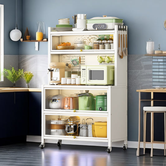 65'' Tall Kitchen Bakers Rack with Flip Door Cabinet, 5 Tier Multifunctional Microwave Stand Buffet, Coffee Bar, Kitchen Pantry Storage Cabinet Shelf, Quick Assembly, White