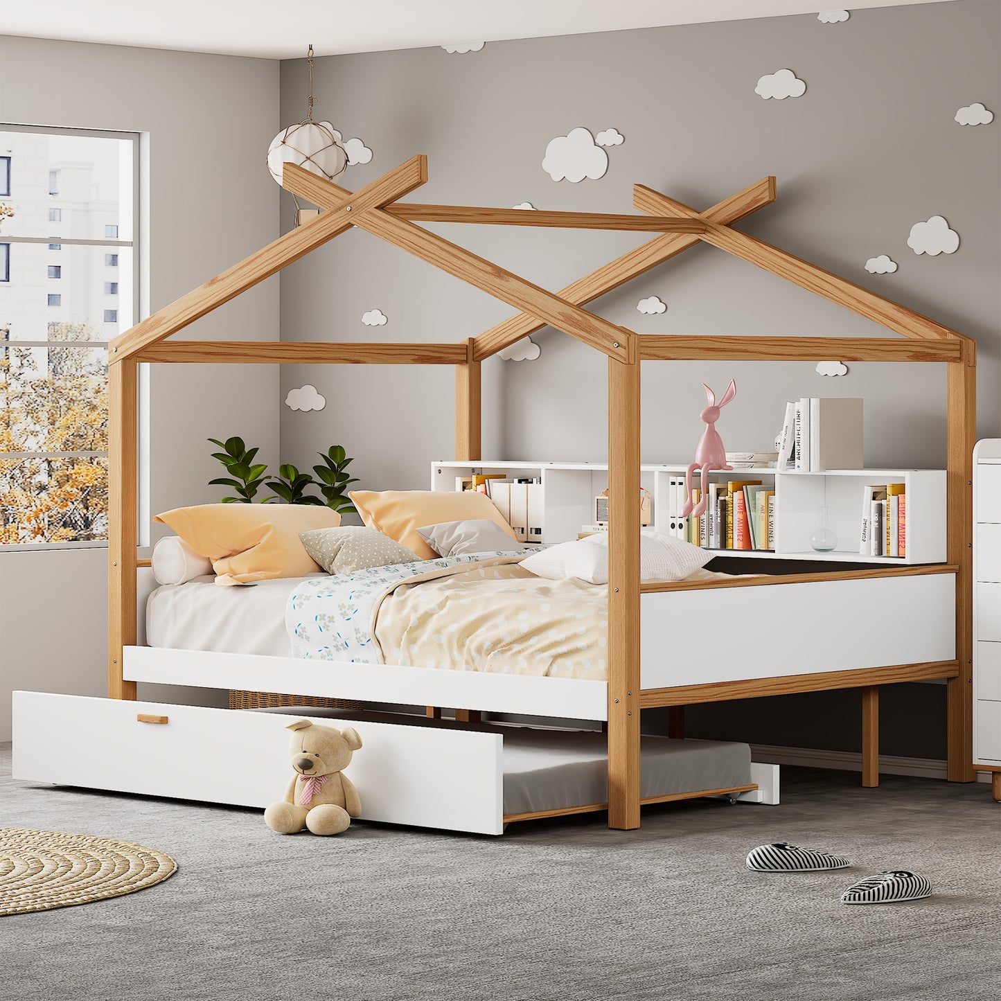 White Full Size Wooden House Bed with Original Wood Colored Frame Twin Size Trundle and Bookshelf Storage Space for Children or Guest Room
