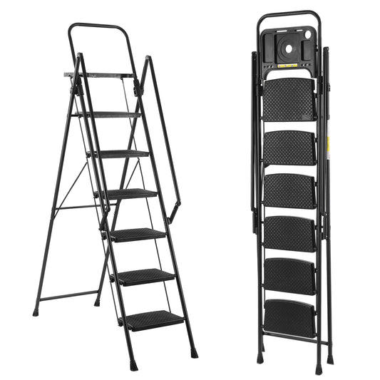 Folding step stool with bandwidth anti slip pedals and tool trays, lightweight and portable steel step stool, perfect for kitchen and home, indoor and outdoor use, sturdy steel steps (6 levels)