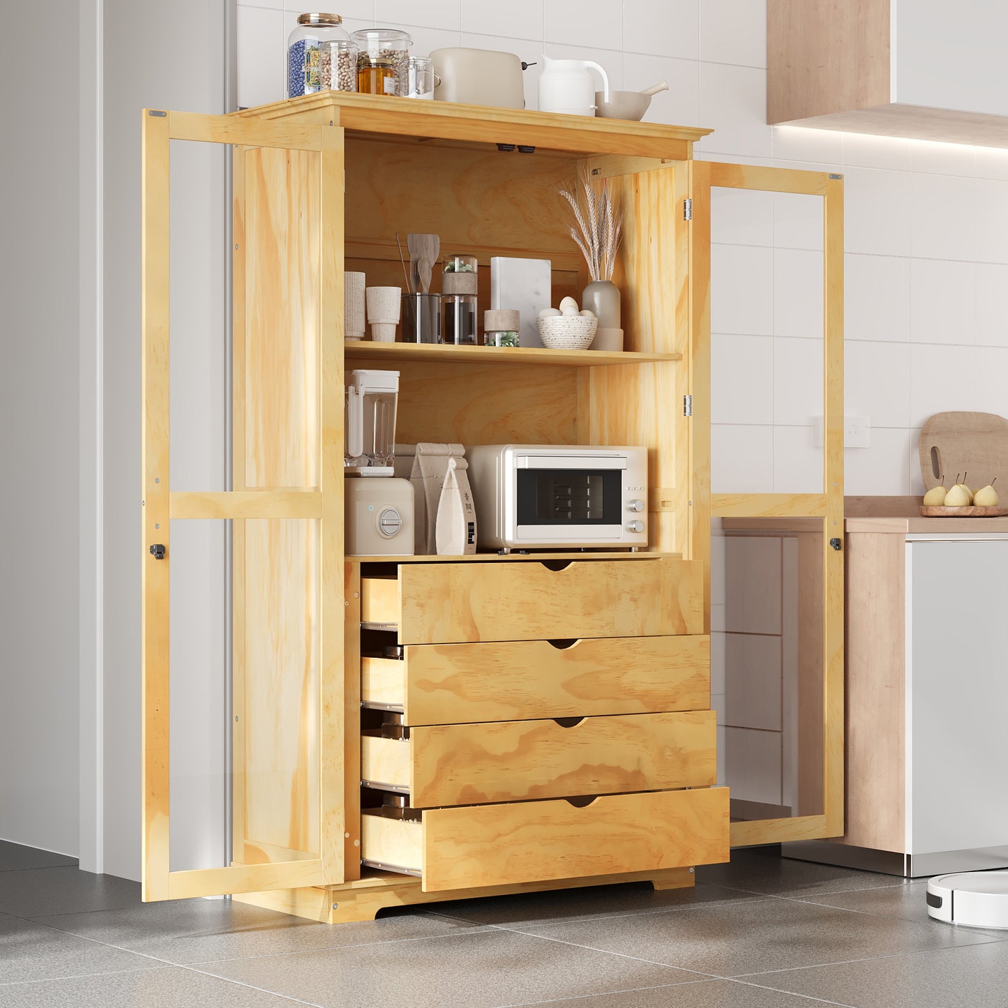 TOPMAX 44.7x20x75inch Kitchen Pantry, Freestanding Kitchen Storage Cabinet Display Cabinet with Glass Doors and 4 Built-in Drawers for Living Room, Home Office, Natural