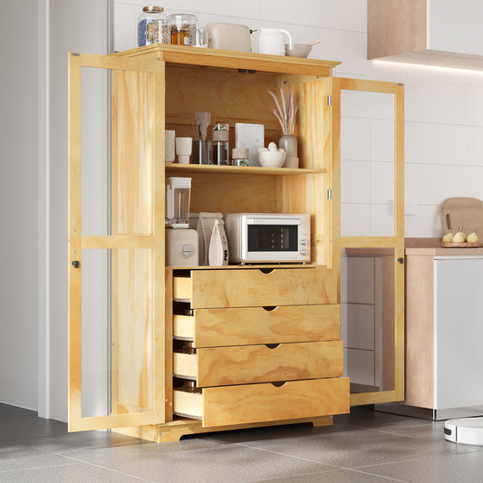 TOPMAX 44.7x20x75inch Kitchen Pantry, Freestanding Kitchen Storage Cabinet Display Cabinet with Glass Doors and 4 Built-in Drawers for Living Room, Home Office, Natural