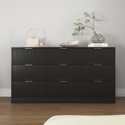 Black 9 Drawer Dresser, 63' Large Deep Chest of Drawers, Wooden Dresser Storage Cabinet with 9 Drawers for Bedroom, Long Dressers for Living Room, Hallway, Drawer panel with wavy patterns