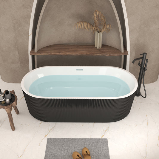 59' Linear Acrylic Freestanding Bathtub Stand Alone Soaker Tub, Glossy Black Acrylic, POP-UP Chrome Drain, cUPC Certified