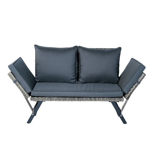 1 PCS Patio Wicker Side Foldable Bench Patio Backyard Conversation Bench Grey Wicker + Dark Grey Cushion