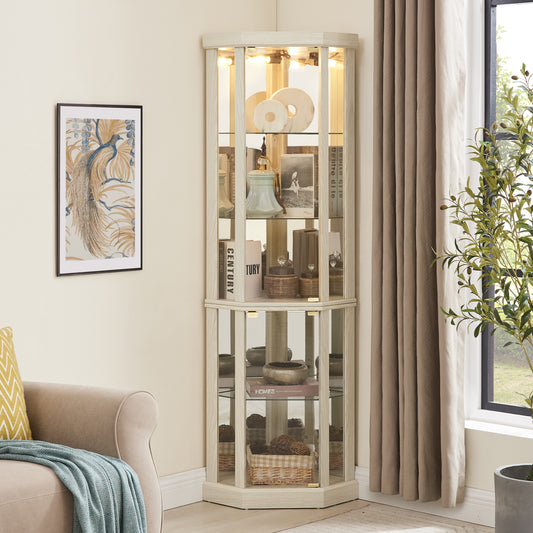 Corner Lighted Curio Cabinet Corner Glass Cabinet Lighted Curio Cabinet Corner Display Case for Living Room, Curio Cabinet, Antique collection, Wine,Bar Glass Storage Light Included,Antique White