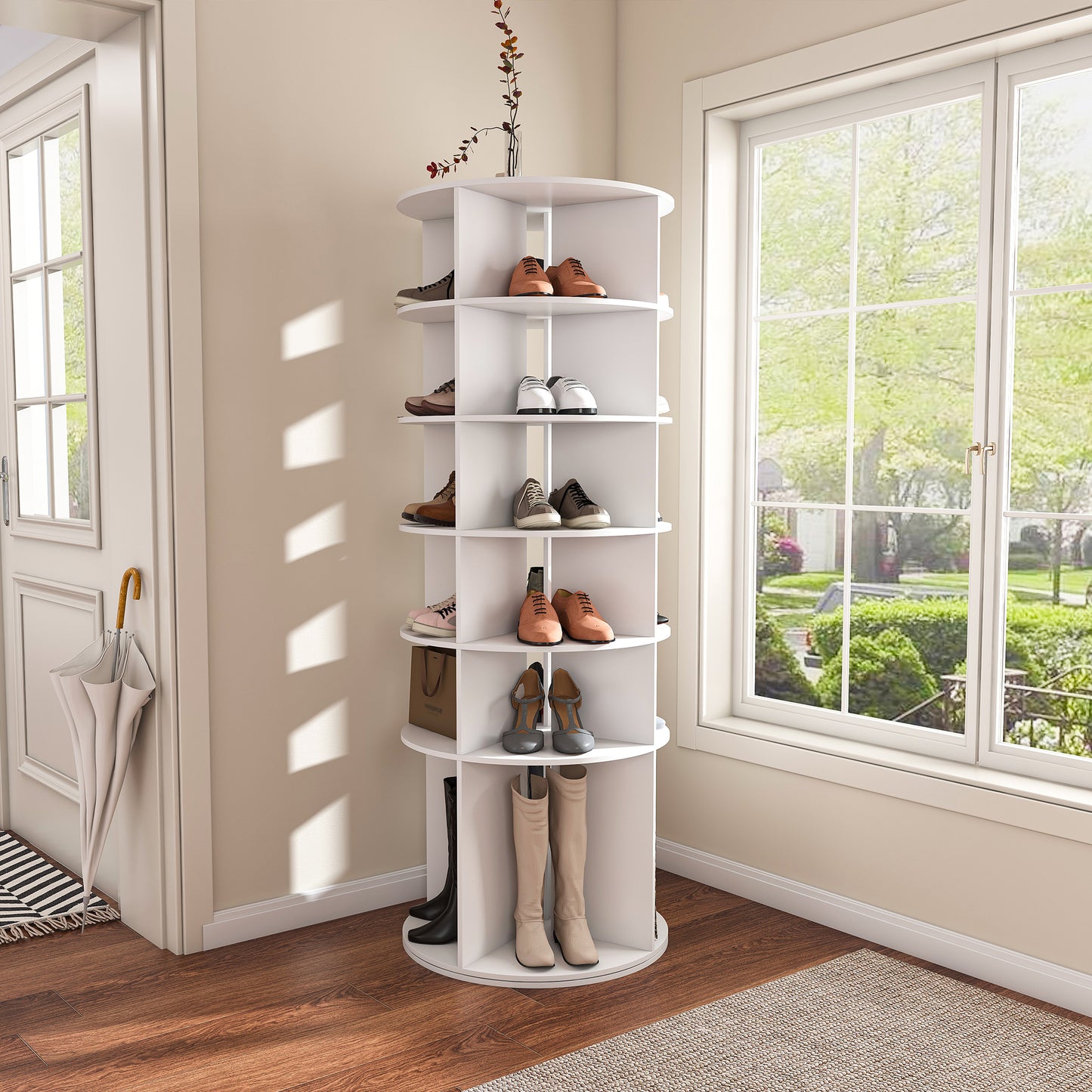 Rotating Shoe Rack Tower, 6-Tier Spinning Shoe Rack, Free Standing 360° Revolving Shoe Organizer, High Bottom Design Shoe Tower Spinning Storage Lazy Susany, Fits 24 Pairs of Shoes (6-Tier White)