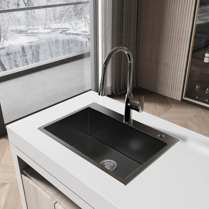 Stainless Steel Kitchen Sink, 27″x19″ Single Bowl, Overmount Handmade Sink in Black, with US Standard Drain and Hook, LS-SSBL01