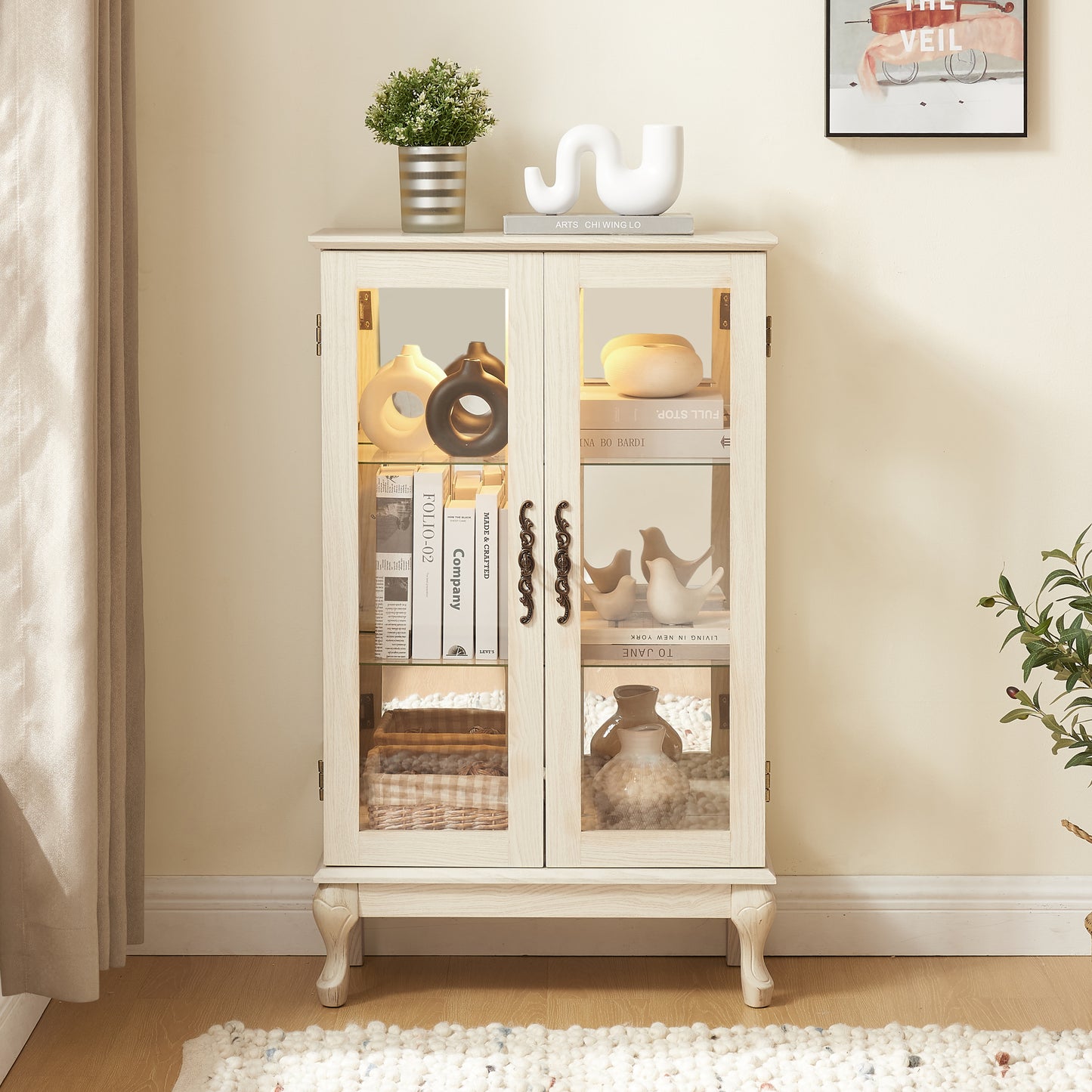2 Doors Curio Cabinet with Tempered Glass Doors, Curio Cabinets with Mirrored Back Panel and Adjustable Shelves, Lighted Display Cabinet for Home, Office Light Bulb Included White