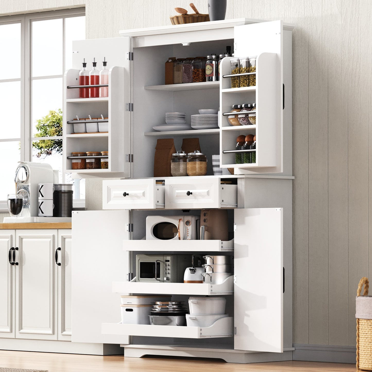 K&K 71' Tall Kitchen Pantry Cabinet with 3 Pull Out Cabinet Organizers, Farmhouse Embossed Texture Storage Cabinet with 6 Door Shelves, 2 Drawers, Freestanding Cupboard for Kitchen, Dining Room White