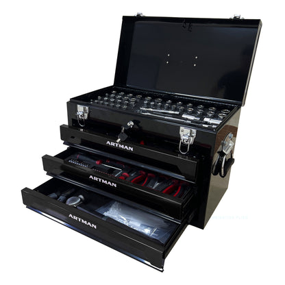 20'' Portable 3-Drawer Steel Toolbox, 4 Layers of Tools with Metal Latches, with Top Storage Tray and carrying Handle, Multi-Function Tool Storage for Garage, Home, or Workbench, Black